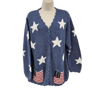 VTG‎ Quacker Factory Hand Knit Cardigan Sweater SZ M Blue Stars Flag Patriotic